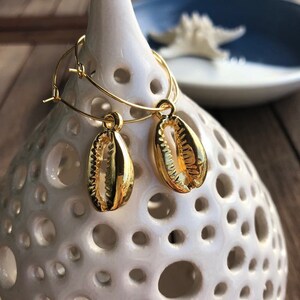 Gold Cowrie Shell Hoop Earrings: Boho Beach Jewelry