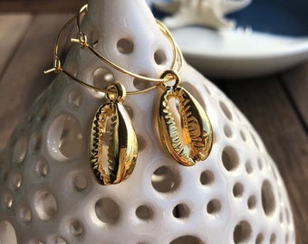 Gold Cowrie Shell Hoop Earrings: Boho Beach Jewelry