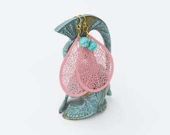 Pink Filigree Teardrop Earrings: Gold Plated Silver Hooks, Turquoise Accent