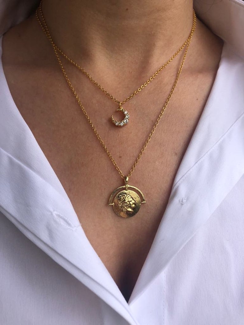 Layering Chain Necklaces Ancient Greek Gold Coin Necklace Set of 2 Layered Necklaces Half Moon Cubic Zirconia Necklace Medallion Jewelry