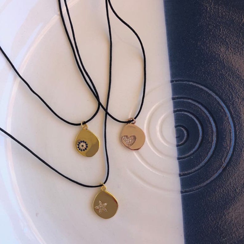 Gold Pendant Black Cord Necklace: Minimalist Coin Necklace, Vertical Bar Jewel, Unisex image 10