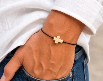 Howlite Cross Bracelet: Beige Christian Jewelry, Adjustable Cord