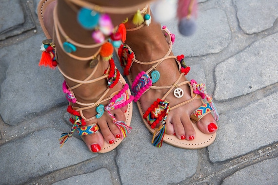 Buy Tie up Gladiator Sandals Pom Pom Sandals Boho Online in India - Etsy