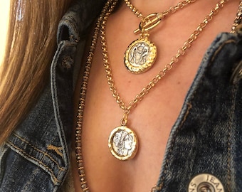 Ancient Greek Coin Necklace: Chunky Chain, 24K Gold Plated Medallion