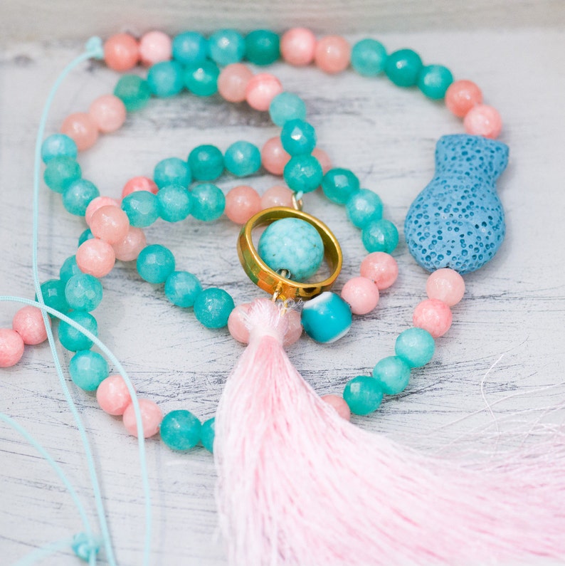 Long Beaded Cord Necklace, Pink Tassel Gemstone Necklace, Pink&blue Jade Necklace, Boho Summer Necklace, Adjustable Necklace, Gift For Mum image 1