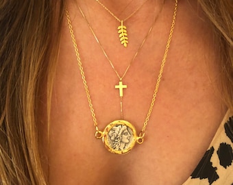 Ancient Greek Coin Necklace: Two-Sided Medallion, 24k Gold Plated
