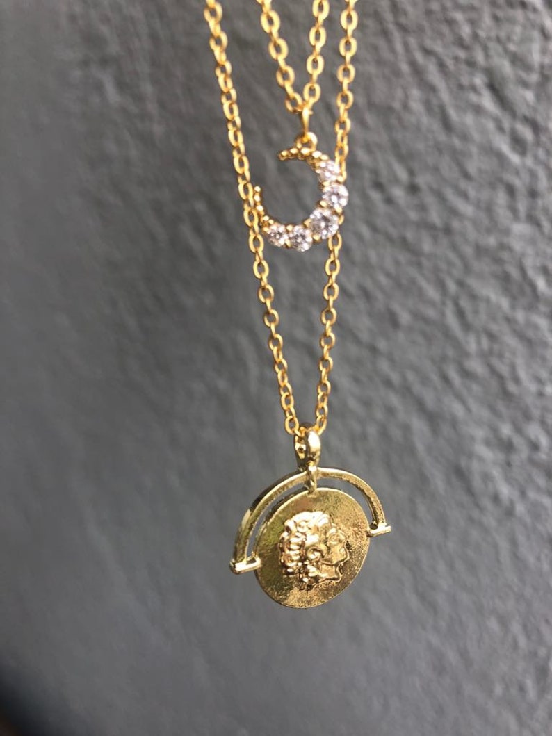 Layering Chain Necklaces Ancient Greek Gold Coin Necklace Set of 2 Layered Necklaces Half Moon Cubic Zirconia Necklace Medallion Jewelry