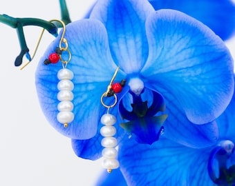 Long Pearl Wedding Earrings: 24K Gold Plated Silver Hooks, Anniversary Xmas Gift For Her