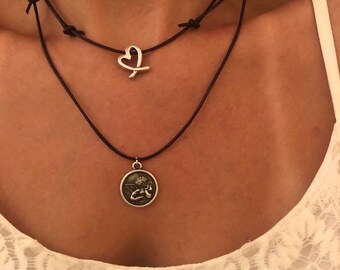Eros God of Love Necklace Set: Silver Heart & Angel Medallion, Leather Cord