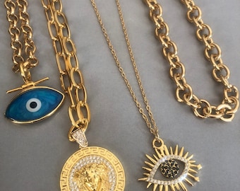 Gold Chunky Chain Medusa Necklace, Blue Evil Eye Jewel, Mother's Day Gift, Sparkling Gold/Black Zn Eye Medallion Necklace, Women Jewelry Set