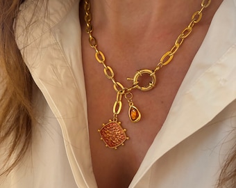 Chunky Chain Pendant Necklace: Orange & Dark Blue Enamel, Boho Jewelry