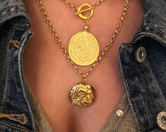 Chunky Chain Gold Phaistos Disc Necklace, Ancient Greek Coin Layered Jewel, Mythology Medallion Jewel, Cretan/Minoan Chocker Necklace Set