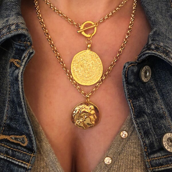 Chunky Chain Gold Phaistos Disc Necklace, Ancient Greek Coin Layered Jewel, Mythology Medallion Jewel, Cretan/Minoan Chocker Necklace Set