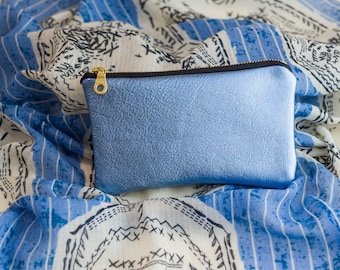 Sky Blue Metallic Leather Purse: Evening Clutch, Cosmetics Bag