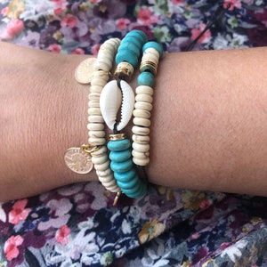 Boho Bracelet Set, Cowrie Turquoise Bracelet, Beaded Shell Bracelet ...