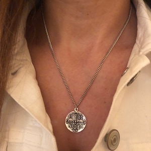 Silver ICXC NIKA Coin Necklace, Byzantine Orthodox Jewel, Constantine Gift For Mum, Christian Religious Round Disc, Layering Unisex Jewel