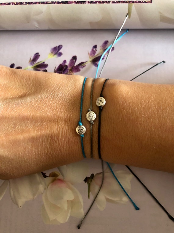 Tiny Silver Bead Evil Eye Bracelet: Red & White String Martaki