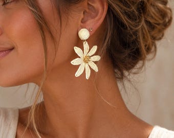 Cream Daisy Raffia Earrings, Long Beige Flower Earrings, Big Floral Jewel, Gift For Her