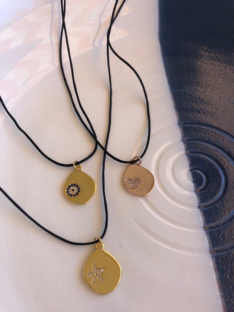 Gold Pendant Black Cord Necklace: Minimalist Coin Necklace, Vertical Bar Jewel, Unisex image 5
