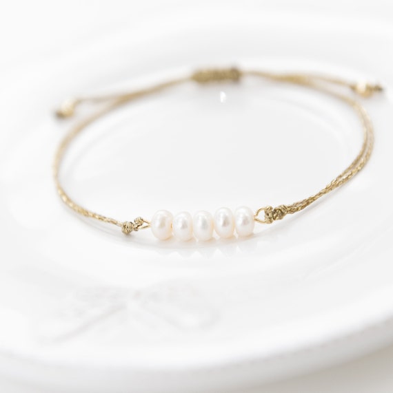 Real Pearl Bracelet: Gold Waxed Cord, Adjustable Bridal Jewelry