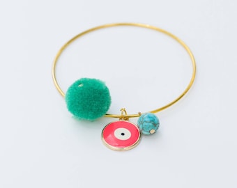 Gold Bangle Bracelet, Gold Bracelet, Boho Stacking Bracelet, Pom Pom Bracelet, Evil Eye Bracelet, Good Luck Charm Bracelet, Gift under 25