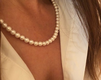 White Glass Pearl Necklace, Elegant Pearl Jewel/Unisex Necklace, Layering Layered, Gift For Him Her Mum Wife Sister, Boho Minimalist, Luxury