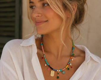Rainbow Beaded Necklace, Tiny Bead Charm Necklace with Semi Precious Stones, Mother's Day Gift