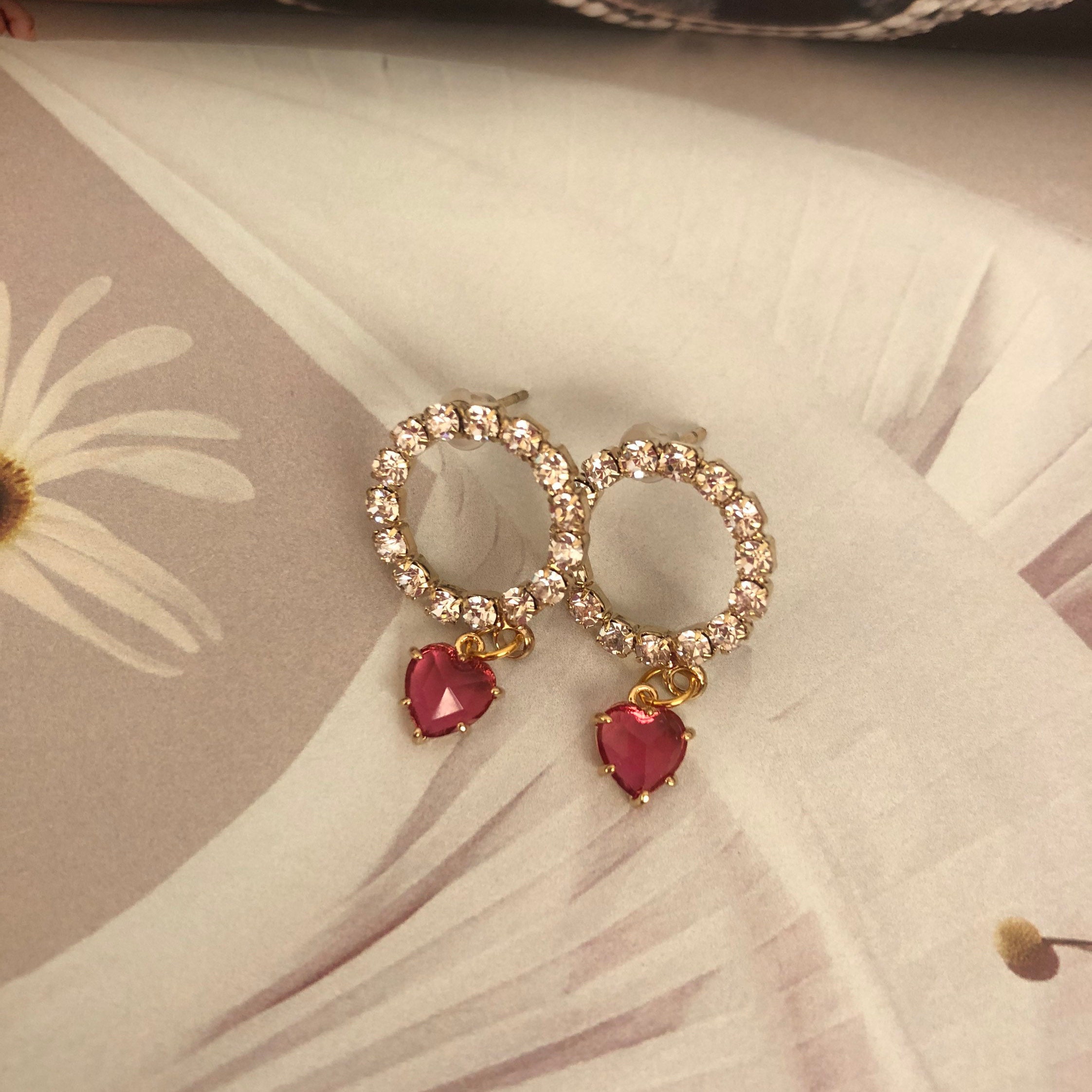 Zircon Circle Earrings Red/Pink Ruby Heart Earrings | Etsy