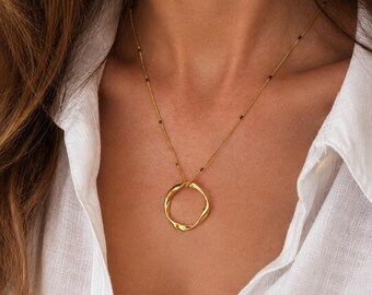 Gold Twisted Circle Necklace: Infinity Ring Pendant, Thin Dotted Chain Jewel, Xmas Gift