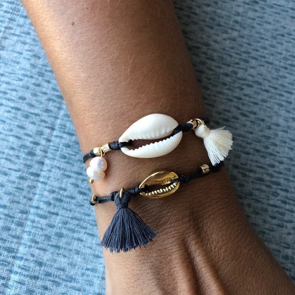 White Shell Bracelet, Festival Gemstone Bracelet, Girlfriend Gift, Real Cowrie Shell Bangle, Gold Shell Hippie Tassel Bracelet, Boho Jewel