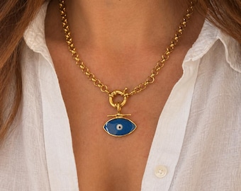 Blue/Cream Eye Shaped Pendant Necklace, Boho Summer Jewel, Mother's Day Gift