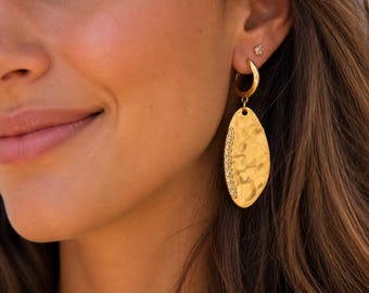 Gold Leaf Teardrop Earrings: Zircon Stone Boho Jewelry