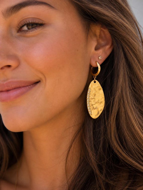 Gold Leaf Teardrop Earrings: Zircon Stone Boho Jewelry