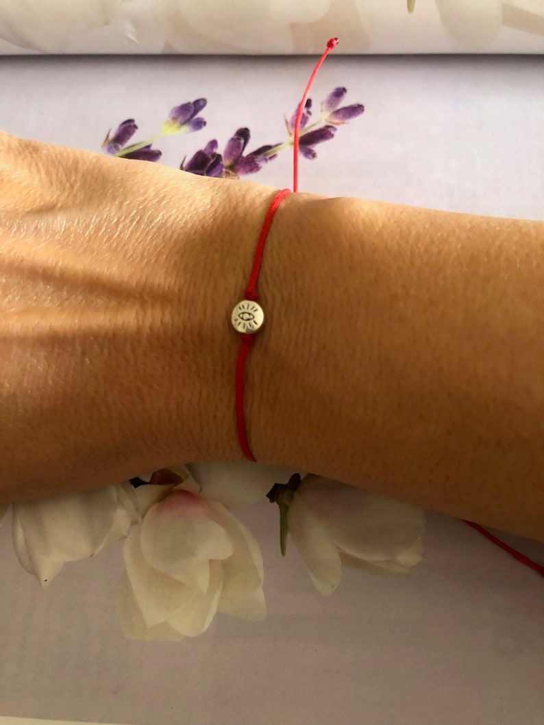 Tiny Silver Bead Evil Eye Bracelet: Red & White String Martaki Red String
