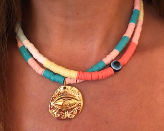 Heishi Bead Necklace, Christmas Gift For Her Mum Sister, Evil Eye/Gold/White Shell Boho Jewel, Beach/Ocean Summer Jewel, Gypsy/Hippie Unisex