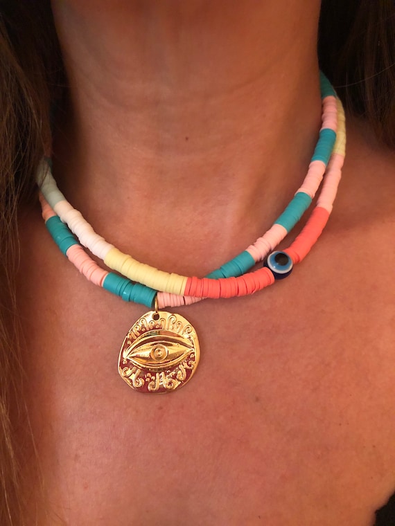 Heishi Bead Necklace: Boho Evil Eye, Shell, & Gold
