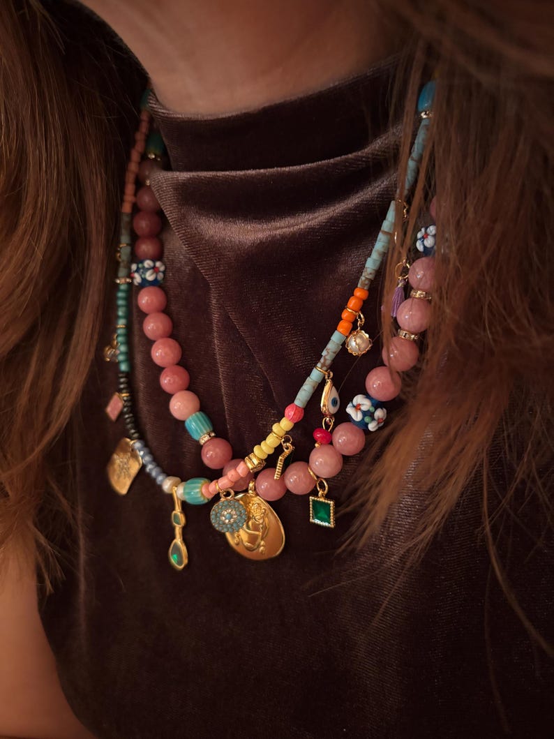 Frida Kahlo pärlhalsband, rosa jadepärlberlock, blommahänge, present till mamma bild 15