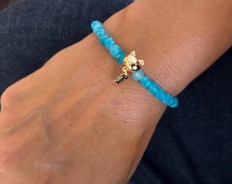 Blue Agate Beaded Bracelet With Cat Fish Charm, Boho Beach Summer Jewelry