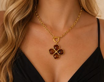 Brown Clover Charm Necklace, Gold Rolo Chain, Toggle Clasp, Boho Statement Jewel