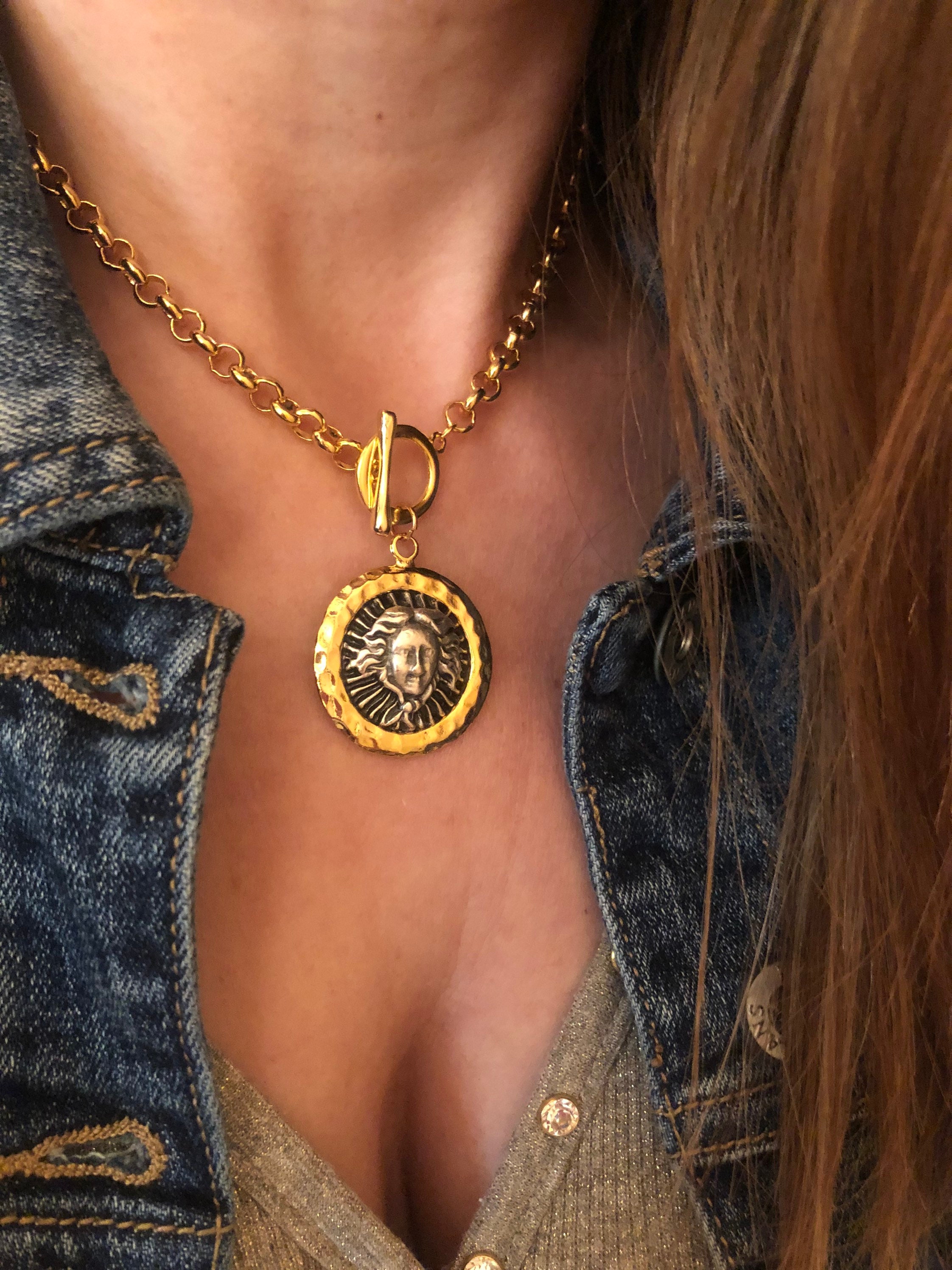 Chunky Chain Medusa Mythology Coin Necklace Gift for Mum