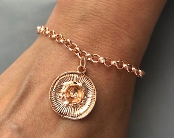 Chunky Chain Rose Bracelet, Rose Gold Coin Jewel, Xmas Christmas Gift, Thick Chain Jewel, Statement T-Clasp Jewel, Stackable Boho Bracelet