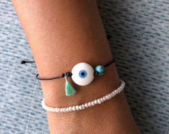 Pulsera de cerámica blanca con ojo malvado: cordón ajustable, joya de la suerte
