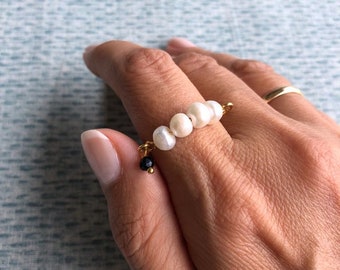 Real Pearl Ring, Pearl Bar Ring With Black Charm, White Pearl Beaded Ring, Bridesmaid Ring, Gift For Wife, June Birthstone Ring, Anniversary