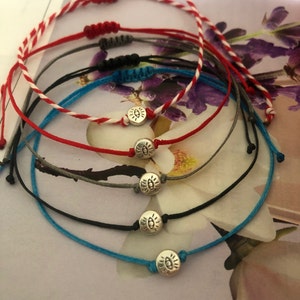 Tiny Silver Bead Evil Eye Bracelet: Red & White String Martaki All 5 bracelets/Set