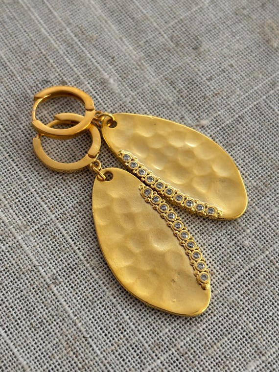 Gold Leaf Teardrop Earrings: Zircon Stone Boho Jewelry