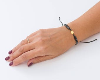 Grey Hematite Bracelet With Gold Coin, Minimalist Beaded Gemstone Jewel, Gift For Mum