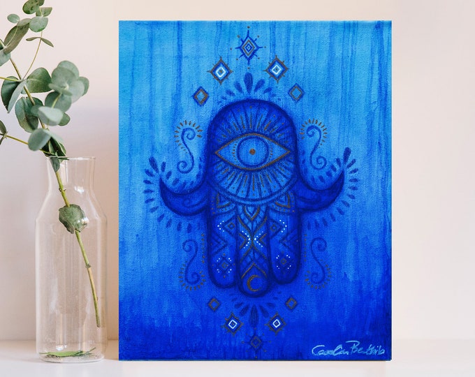 Blaues Hamsa Gemälde – 20 x 30 cm – Hand der Fatima