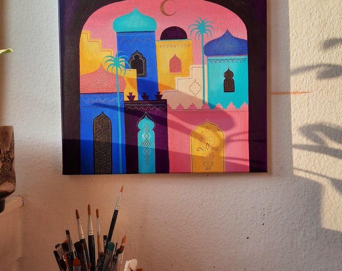 Farbenfrohe marokkanische Stadt – Original Acryl Gemälde