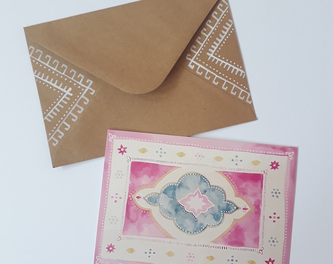 Marokko Postkarte + handbemalter Umschlag–DIN A6–Magischer Teppich