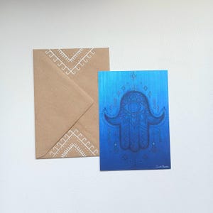 Blue Hamsa Postcard + hand painted envelope – DIN A6 - Hand of Fatima